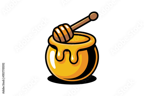A honey pot illustration with a wooden honey dipper stick