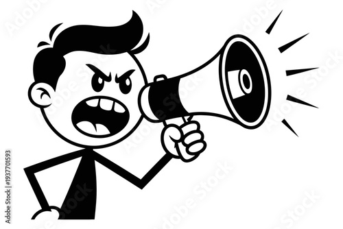 A man shouting aggressively into a megaphone in a black and white illustration