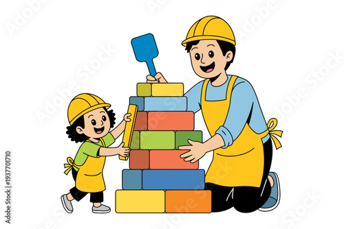 A happy father and son building a colorful block tower together