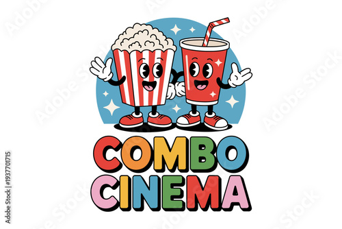 A colorful cartoon illustration of a cinema combo with popcorn and soda