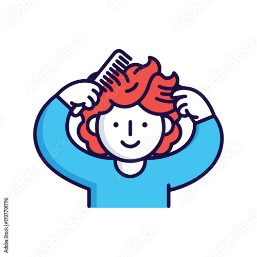 Woman combing her red hair with a wide tooth comb happily