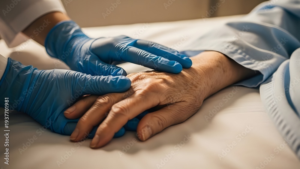 Fototapeta premium Geriatric care and emotional support. Nursing home healthcare and hospice service. Professional doctor wearing blue gloves holding the hand of an elderly patient