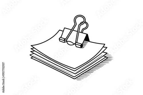 A paper clip holding together a stack of papers in a simple line drawing