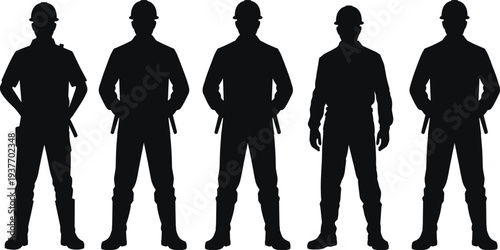 Construction worker standing silhouettes set, builders with helmets and tools, industrial labor workforce team isolated illustration collection