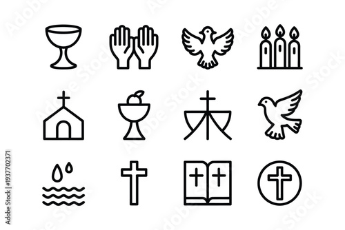 Christian cross icon set with religious symbols and sacred objects