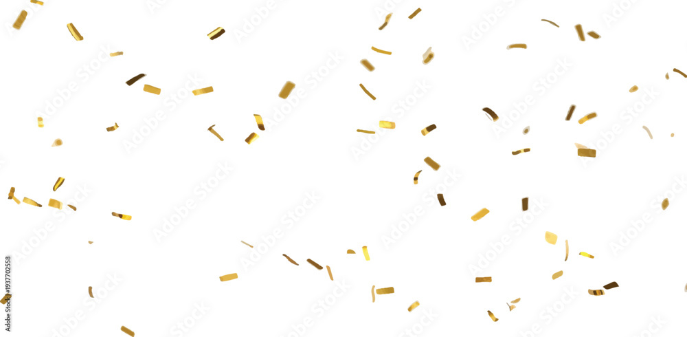 Obraz premium Abstract golden confetti particles suspended in air against a white void, suggesting a moment of suspended celebration or surprise.
