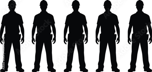 Construction worker standing silhouettes front view with helmet and tools, industrial builder workforce illustration collection set