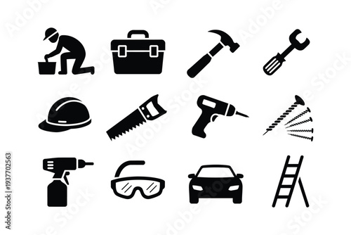 Toolbox icon set with various construction tools and equipment
