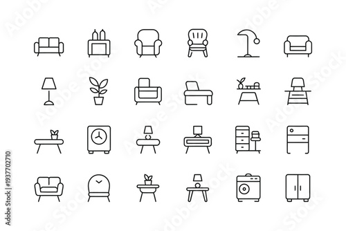 Furniture icon set including various household items and decor