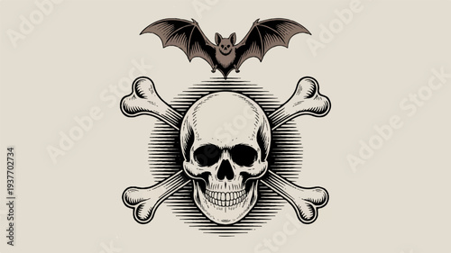 Vintage skull with crossbones and bat symbol on gray background eerie illustration
