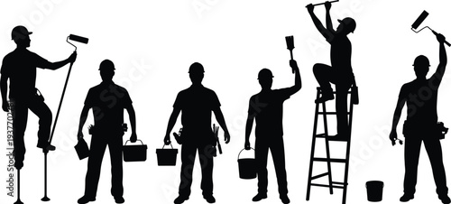 Construction worker silhouettes painting wall and carrying tools on ladder, professional builder team renovation maintenance illustration set