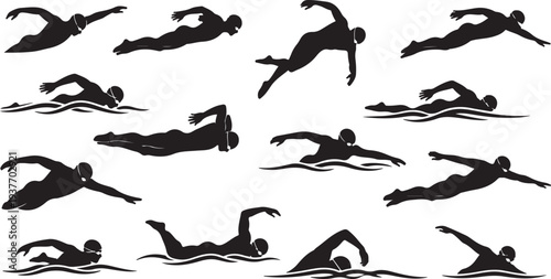 Swimming Athlete Silhouette Set, Water Sport Vector Bundle.