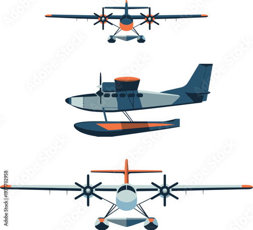 Amphibious seaplane aircraft vector illustration showing front and side views of propeller floatplane designed for water landing aviation transport and marine travel concept