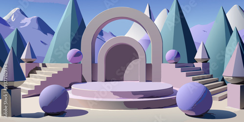 Abstract winter scene with geometrical forms, arch with a podium in natural light. surreal background. 3D render.
