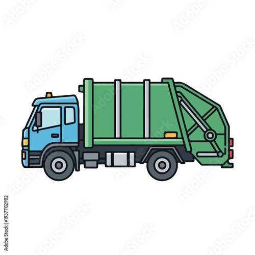 Green garbage truck with blue cab on white background