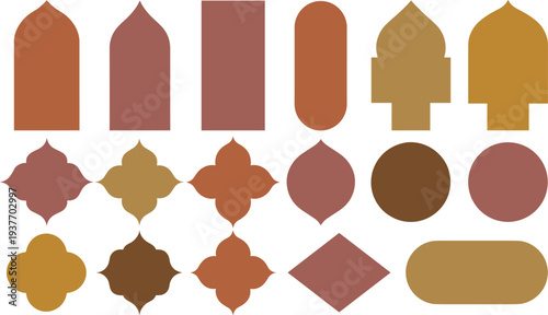 Islamic geometric shape collection with arabic ornamental forms and mosque arch inspired elements for Ramadan design, Eid decoration templates and traditional Middle Eastern pattern graphics