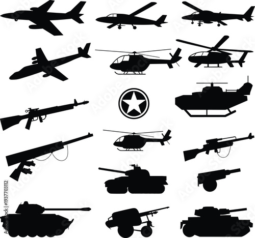 Military vehicles and weapons silhouette icon set featuring fighter jets helicopters tanks artillery rifles and defense equipment vector collection for army warfare and combat design