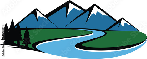 Mountain landscape with river and pine forest vector illustration scenic nature environment featuring flowing water green hills and snowy peaks isolated outdoor travel design
