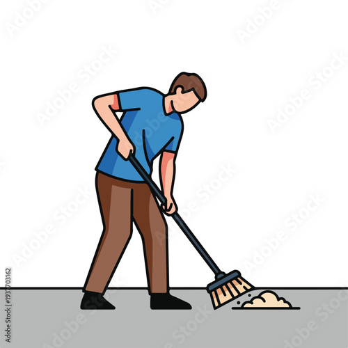 Man sweeping floor with broom and dustpan in a simple cartoon style