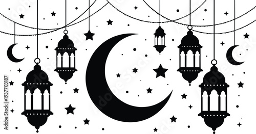 Ramadan crescent moon and hanging lantern decoration with stars garlands and arabic islamic ornaments for Eid Mubarak greeting background festive night celebration design