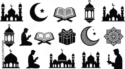 Ramadan and Islamic religion icon set with mosque lantern Quran crescent moon prayer muslim symbols for Eid celebration spiritual culture worship and Ramadan Kareem design