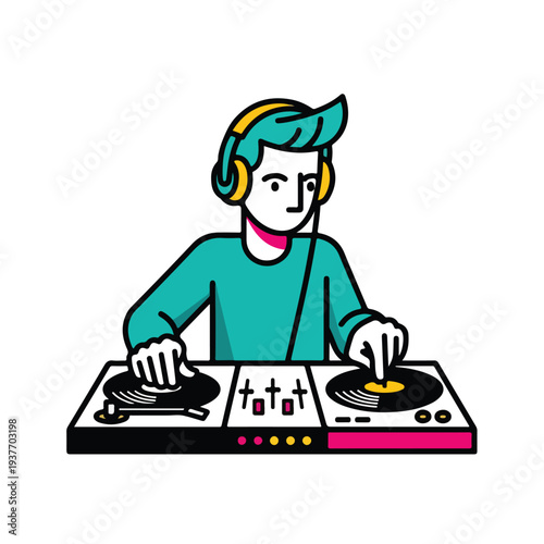 Teal Haired DJ Mixing Music on Turntables with Headphones