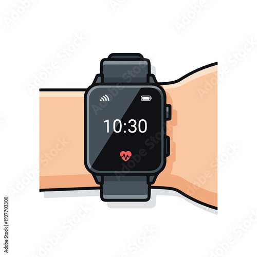 Smartwatch on wrist showing time and heart rate