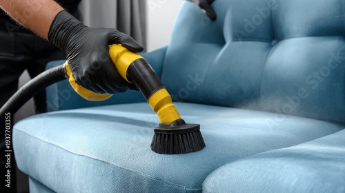A man cleaning a couch with a vacuuming extraction machine, wearing black gloves and a uniform. 
