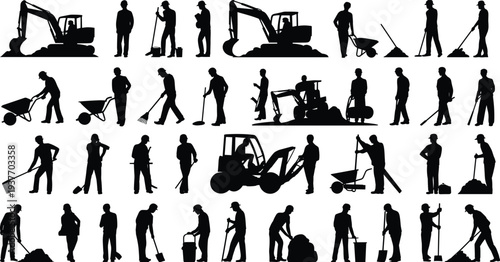 Construction worker silhouettes set with excavator wheelbarrow tools, industrial labor workforce working poses builders jobsite illustration collection