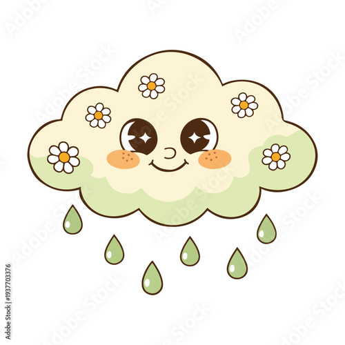 Flower Power Rain Cloud illustration, Groovy Autumn Retro clipart, Cute Kawaii Fall Aesthetic, Groovy Thanksgiving Design