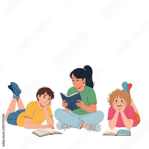children reading books together on the floor with smiles