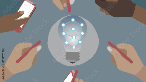 Diverse hands around a glowing digital light bulb with network connections and smartphones