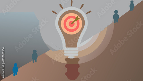 Innovative idea light bulb with target and people on hill symbolizing creativity and goal achievement