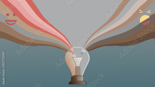 Flat vector illustration of a glowing light bulb with colorful rays and smiling emoticons symbolizing creative ideas and inspiration