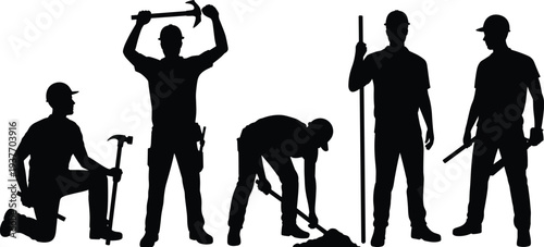 Construction worker silhouettes with hammer shovel tools, builders manual labor workforce industrial jobsite illustration collection set