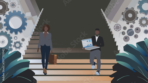 Business professionals ascending stairs with laptop and briefcase surrounded by gears and plants symbolizing startup growth and innovation