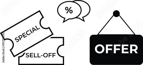 Discount offer and special sell off tickets icon