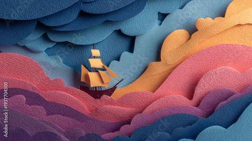 Stylized Sailing Ship in Colorful Paper Waves