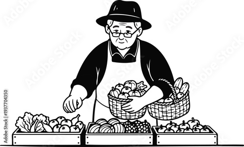 Elderly farm worker, farmer hold basket and sell fruits and vegetables from garden at local market. farmer selling fresh vegetables and bread at market. Farming, agriculture organic production concept