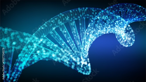 Tableau sur toile Abstract digital visualization of a glowing blue DNA double helix structure in m