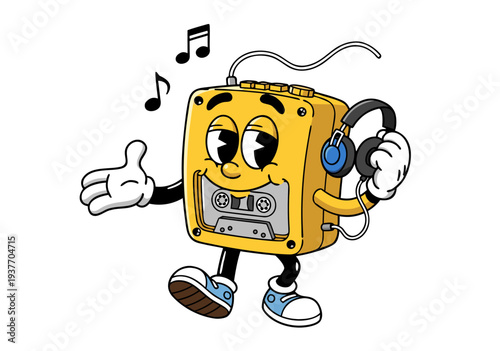 Retro Cassette Player Character with Headphones, Engaging in a Fun Dance, A Lively Vector Illustration for Nostalgic Music Lovers and Vintage Tech Enthusiasts