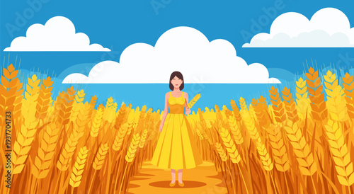 Golden wheat field vector illustration with a woman in a yellow dress holding a wheat stalk