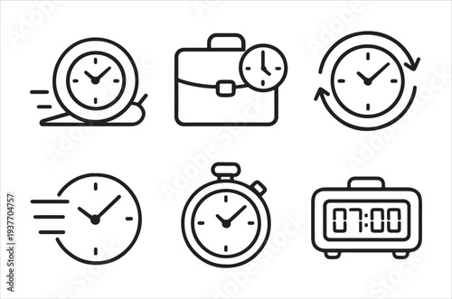 Various time related icons including clocks stopwatch and a briefcase