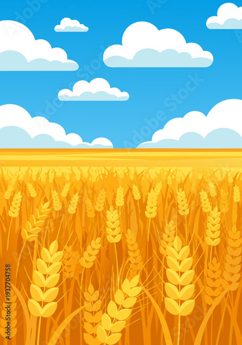 Golden Wheat Field Illustration A Vibrant Vector Artwork of a Rural Landscape Under a Bright Blue Sky with Fluffy Clouds