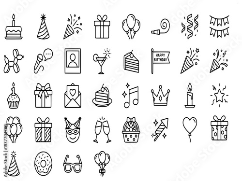 birthday party and celebration line icon set including cake, gifts, balloons, decorations, and festive events.