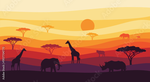 Vector illustration of African savanna landscape at sunset with silhouettes of giraffes, elephants, and rhinos
