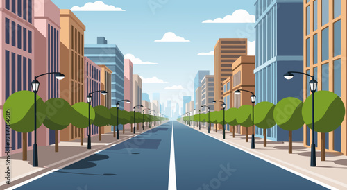 Straight City Street with Buildings and Trees - Vector Illustration