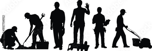 Construction worker silhouettes with tools and equipment, builders manual labor workforce jobsite industrial illustration set