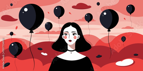 surreal image of woman and blacks balloons flying