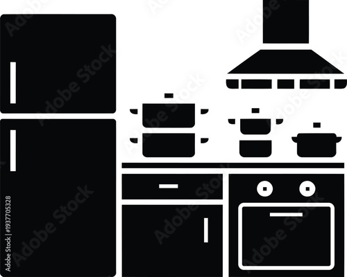 Modern kitchen interior vector icon with refrigerator stove oven range hood and cookware for home appliance store and interior design.